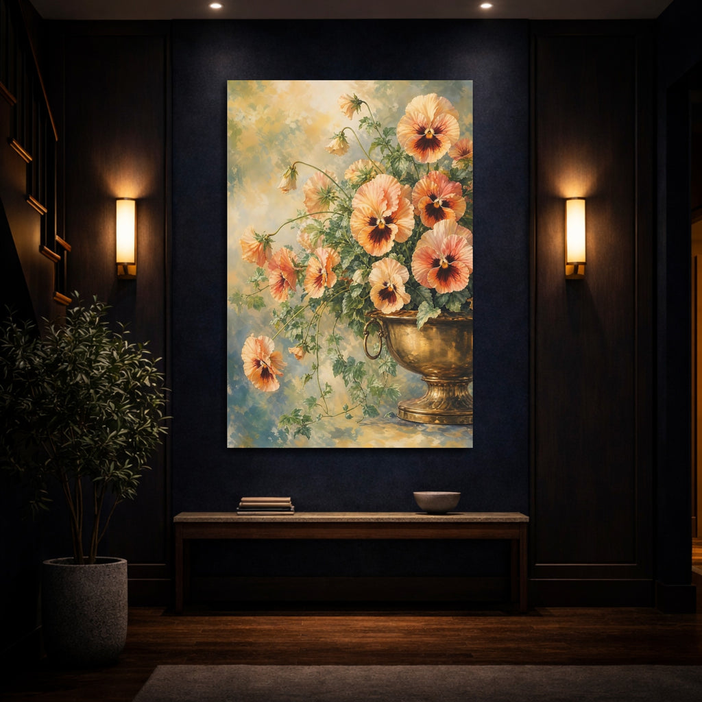 Mockup 4. Floral Pansies Peach Orange Pansies shown as stretched canvas wall art