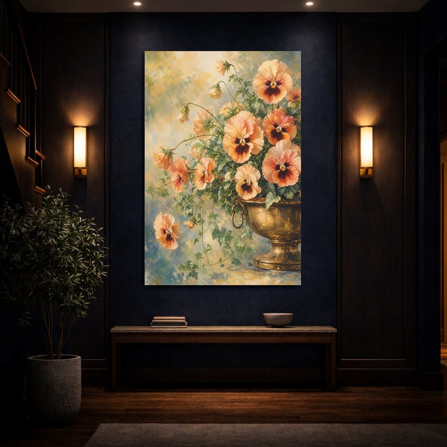 Mockup 4. Floral Pansies Peach Orange Pansies shown as stretched canvas wall art