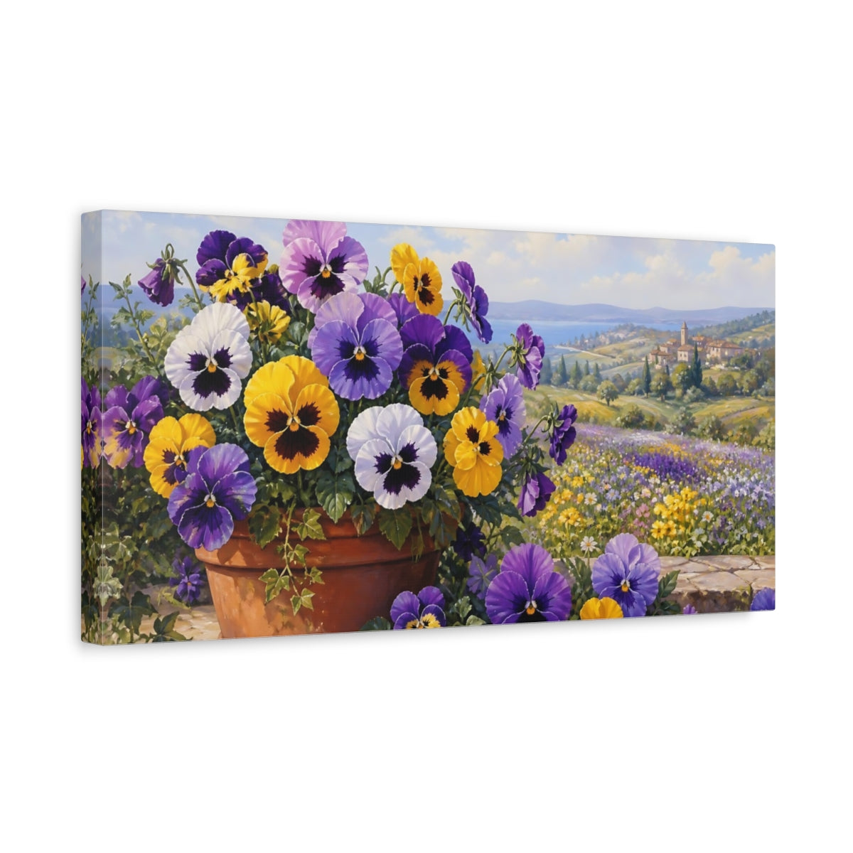 Side Mockup 3. Floral Pansies Purple Yellow Pansies shown as stretched canvas wall art