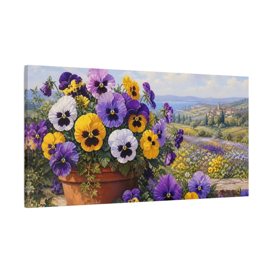 Main Mockup. Floral Pansies Purple Yellow Pansies shown as stretched canvas wall art