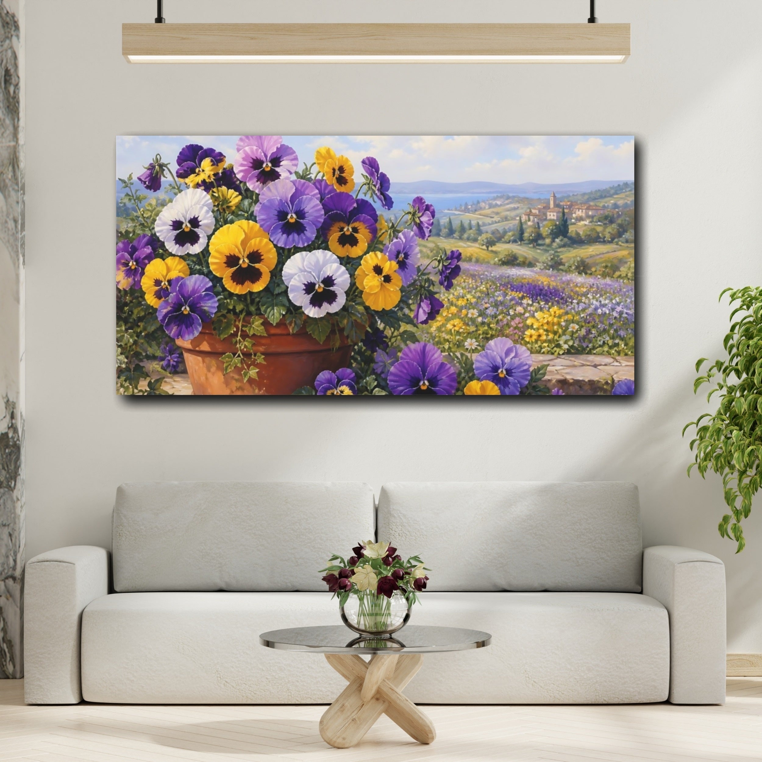 Mockup 2. Floral Pansies Purple Yellow Pansies shown as stretched canvas wall art