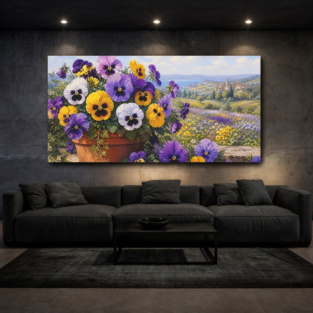Mockup 3. Floral Pansies Purple Yellow Pansies shown as stretched canvas wall art