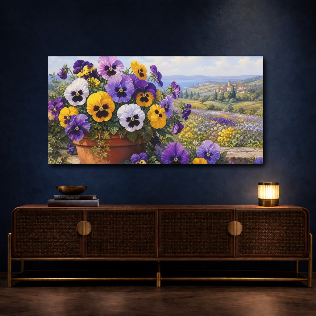 Mockup 4. Floral Pansies Purple Yellow Pansies shown as stretched canvas wall art