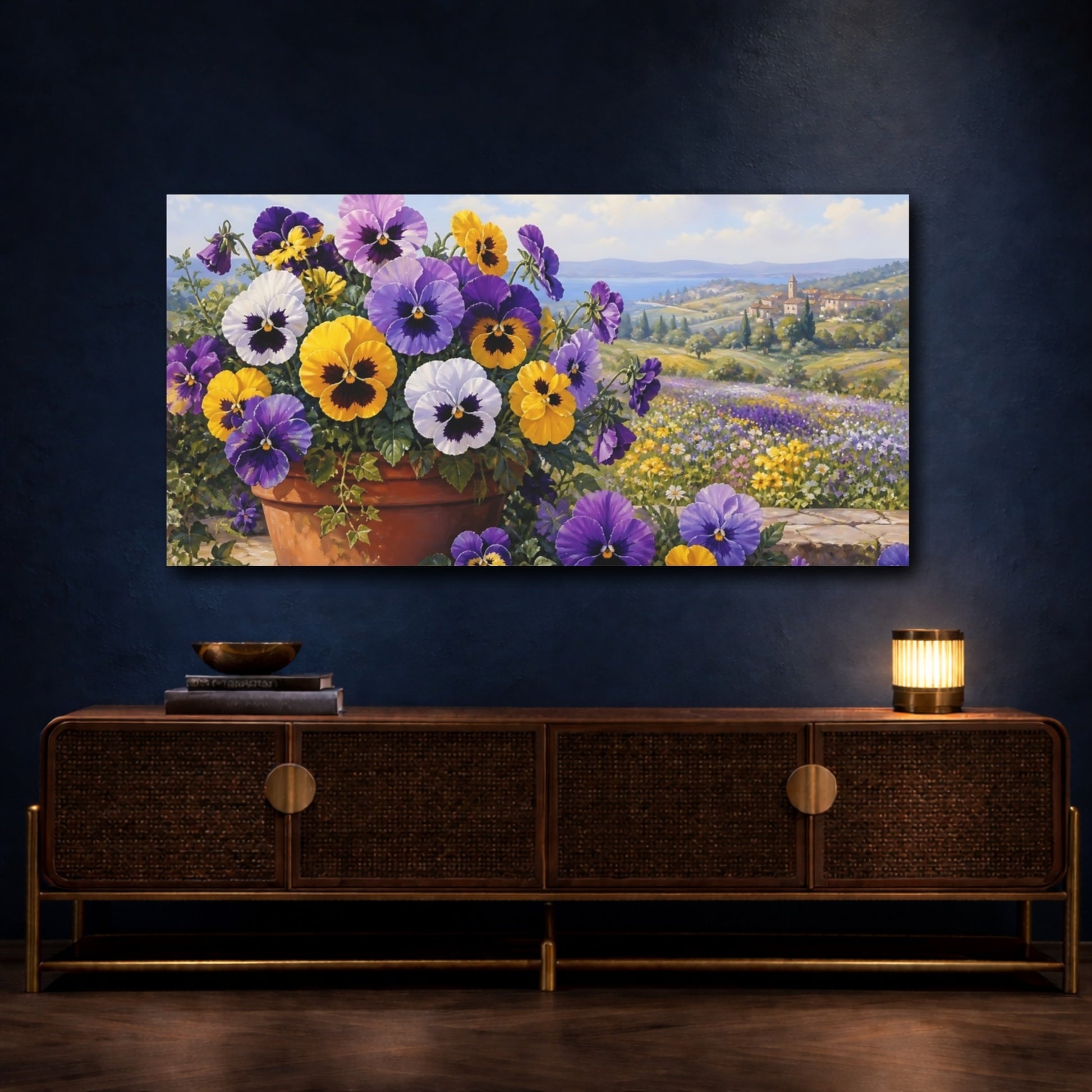 Mockup 4. Floral Pansies Purple Yellow Pansies shown as stretched canvas wall art