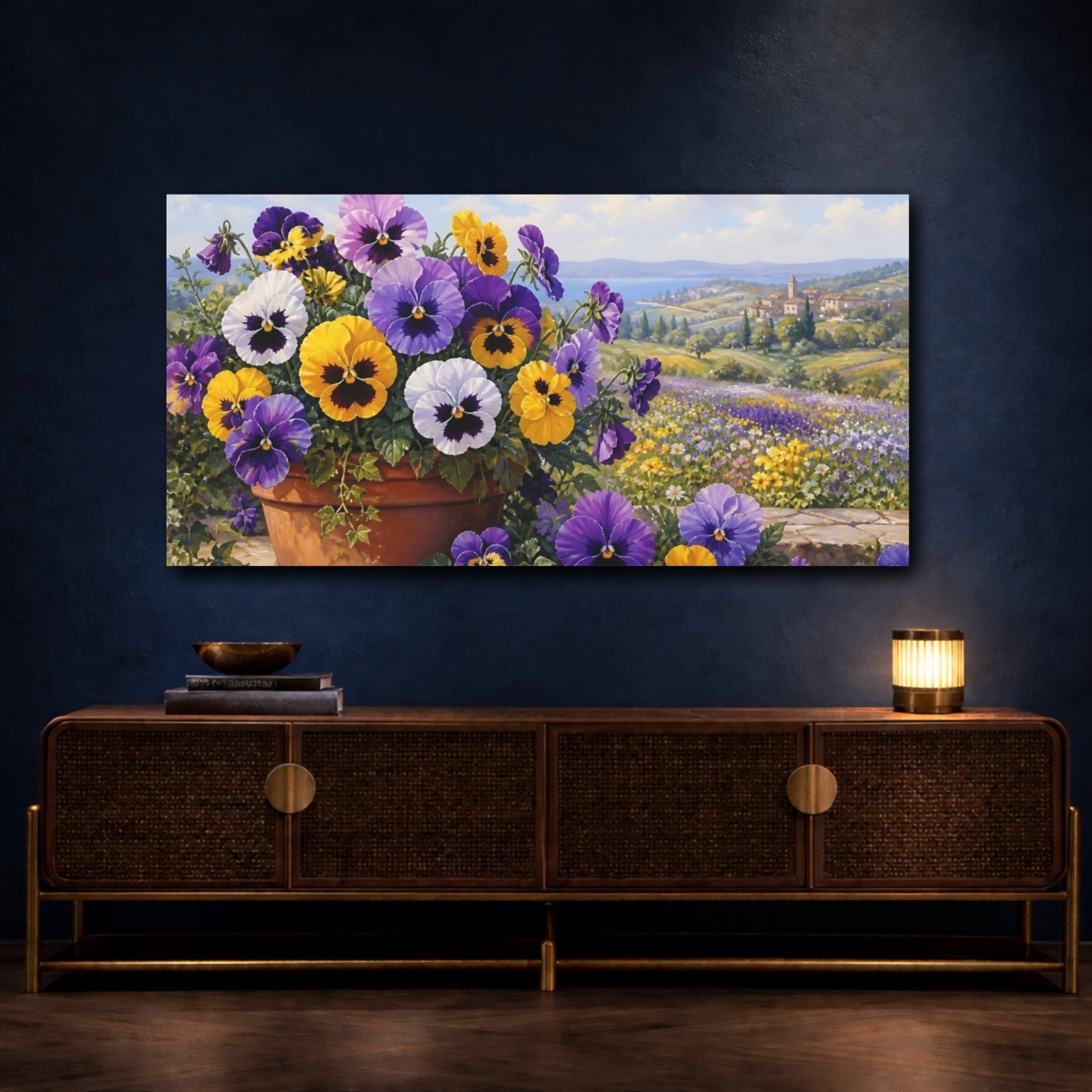 Mockup 4. Floral Pansies Purple Yellow Pansies shown as stretched canvas wall art