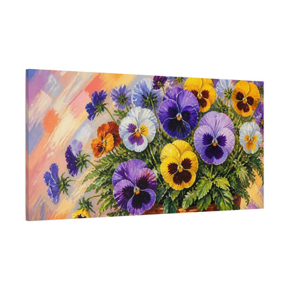 Side Mockup 2. Floral Pansy Flowers Colorful Pansies shown as stretched canvas wall art