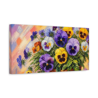 Side Mockup 3. Floral Pansy Flowers Colorful Pansies shown as stretched canvas wall art