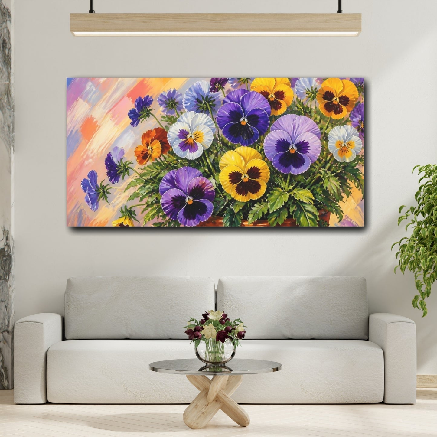 Mockup 2. Floral Pansy Flowers Colorful Pansies shown as stretched canvas wall art