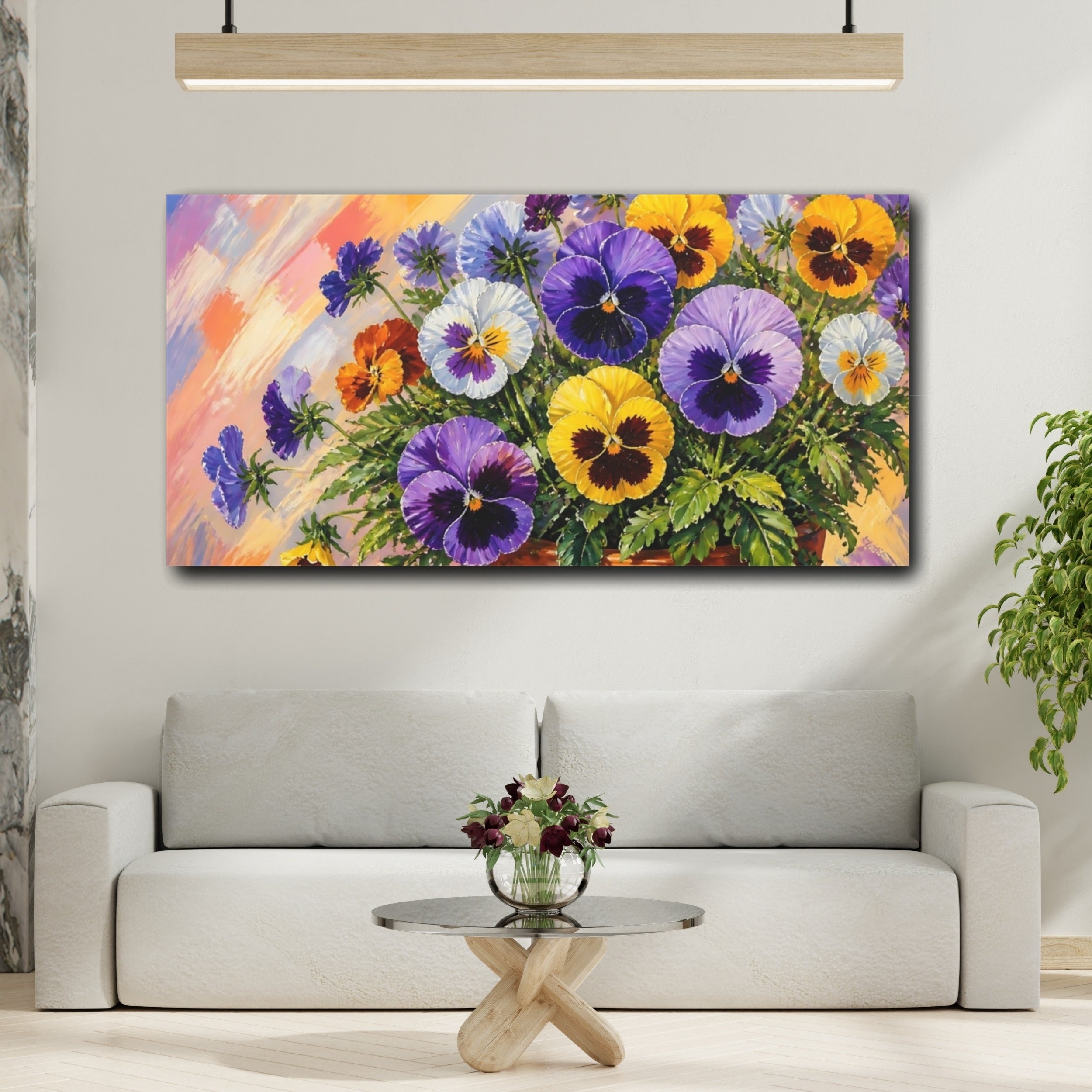 Mockup 2. Floral Pansy Flowers Colorful Pansies shown as stretched canvas wall art