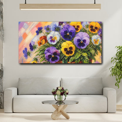 Mockup 2. Floral Pansy Flowers Colorful Pansies shown as stretched canvas wall art