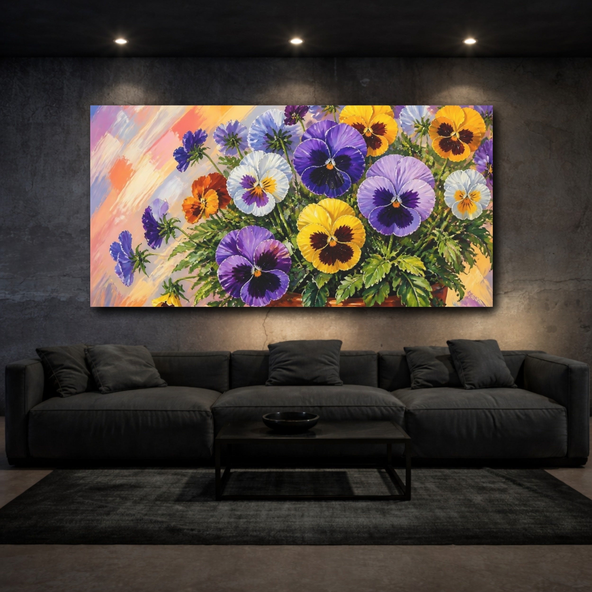 Mockup 3. Floral Pansy Flowers Colorful Pansies shown as stretched canvas wall art