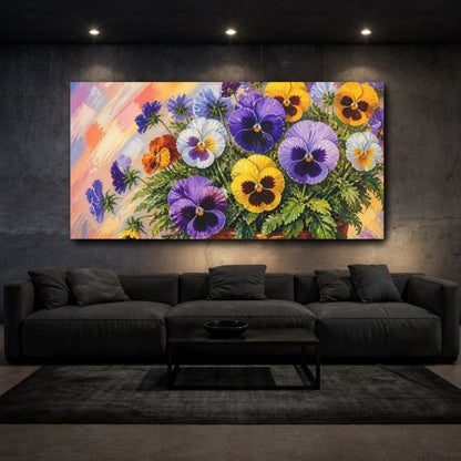 Mockup 3. Floral Pansy Flowers Colorful Pansies shown as stretched canvas wall art