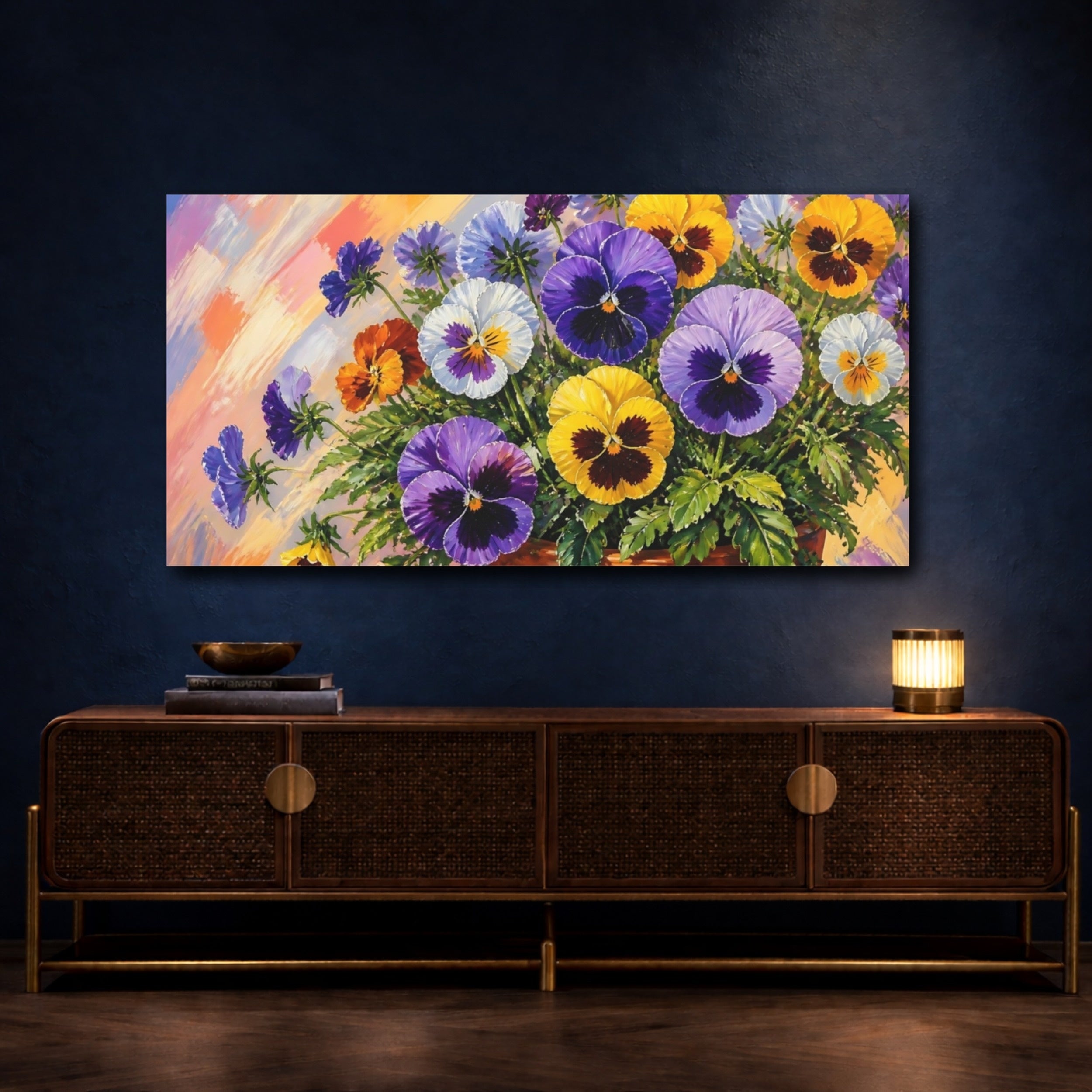 Mockup 4. Floral Pansy Flowers Colorful Pansies shown as stretched canvas wall art