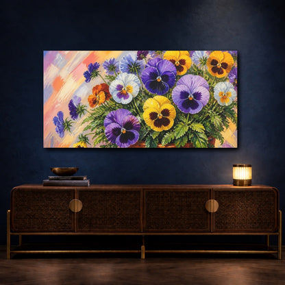 Mockup 4. Floral Pansy Flowers Colorful Pansies shown as stretched canvas wall art