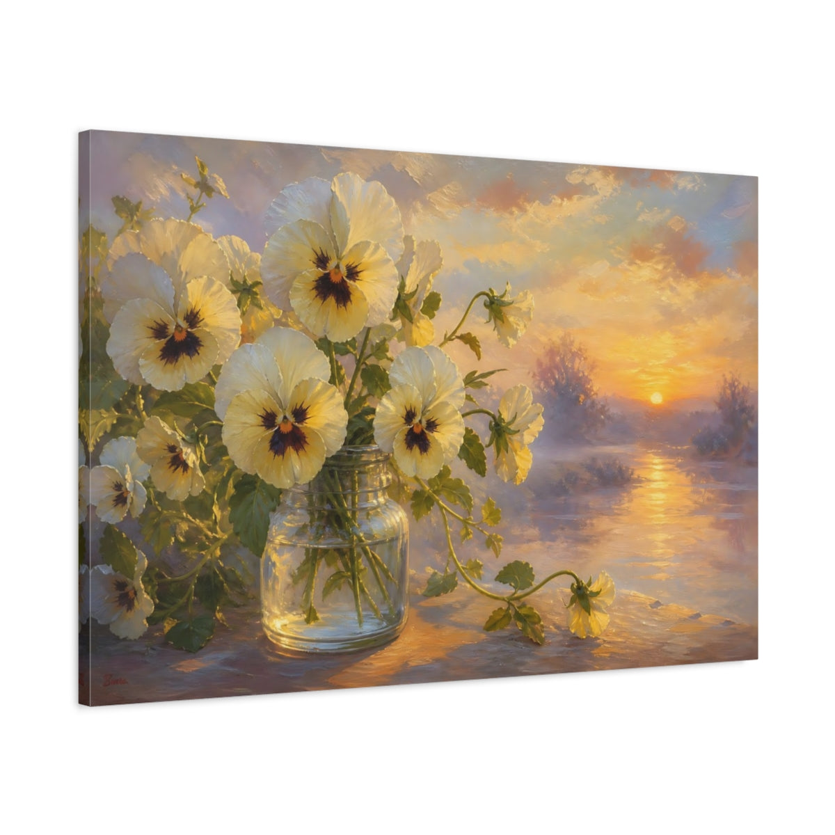 Main Mockup. Floral Pansy Flowers Yellow And Purple shown as stretched canvas wall art