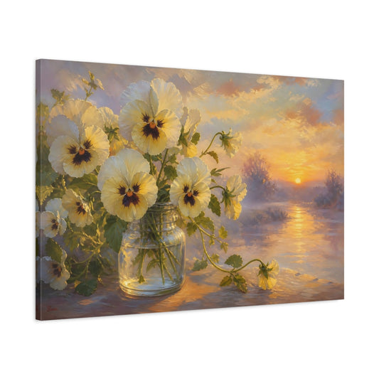 Main Mockup. Floral Pansy Flowers Yellow And Purple shown as stretched canvas wall art