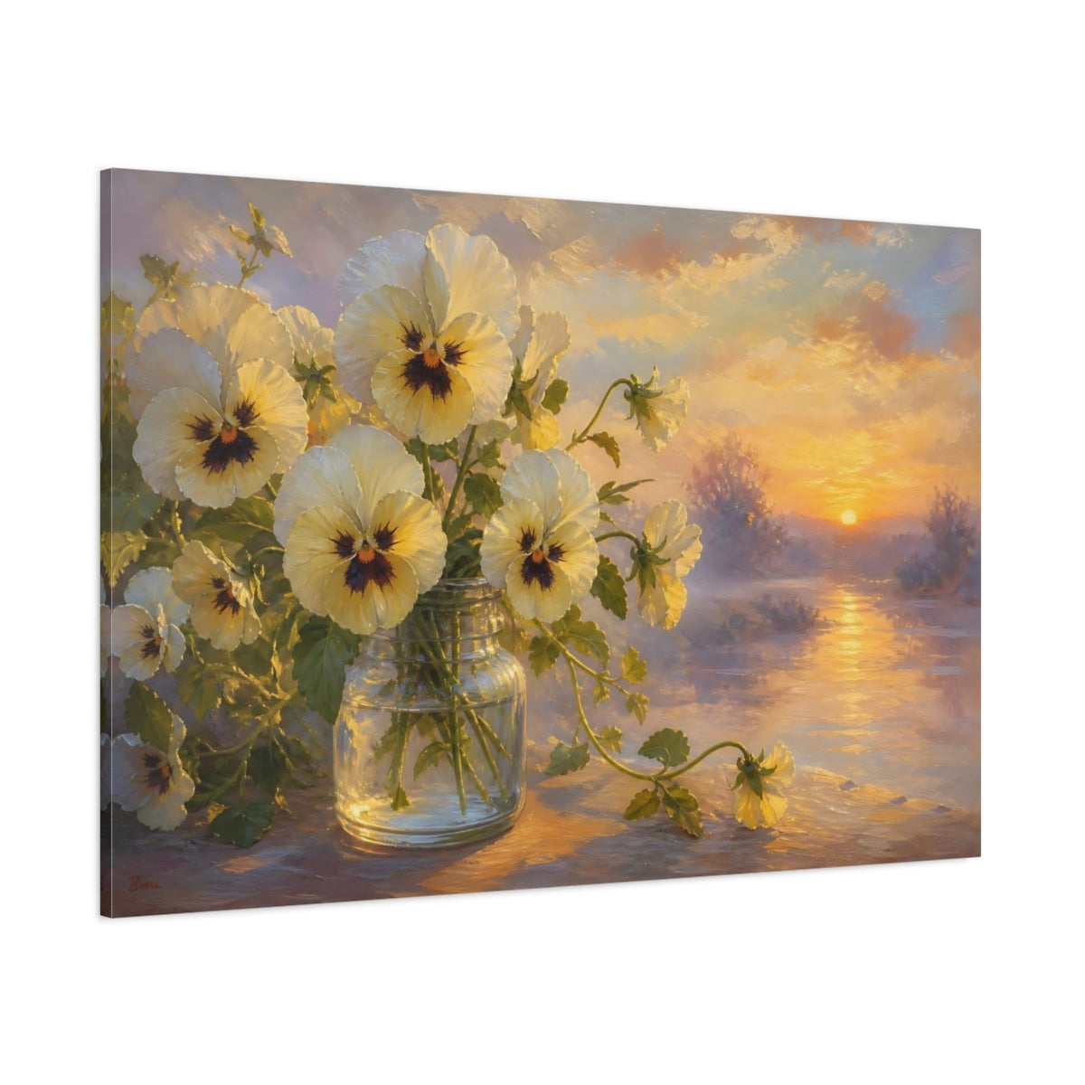 Side Mockup 1. Floral Pansy Flowers Yellow And Purple shown as stretched canvas wall art