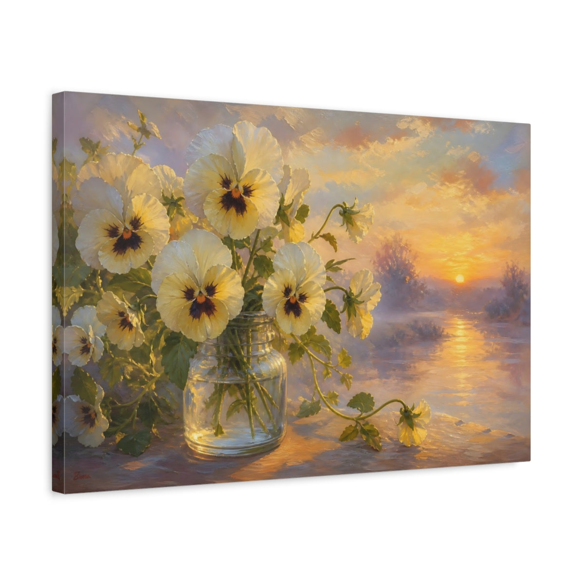 Side Mockup 3. Floral Pansy Flowers Yellow And Purple shown as stretched canvas wall art