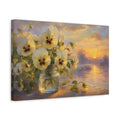 Side Mockup 4. Floral Pansy Flowers Yellow And Purple shown as stretched canvas wall art