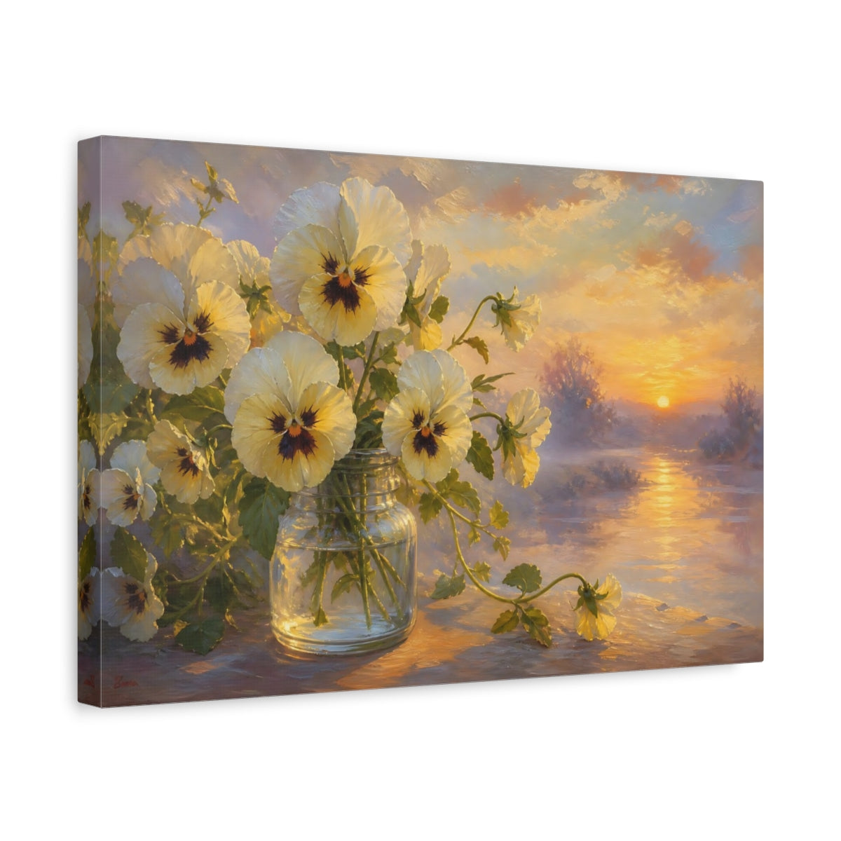 Side Mockup 4. Floral Pansy Flowers Yellow And Purple shown as stretched canvas wall art