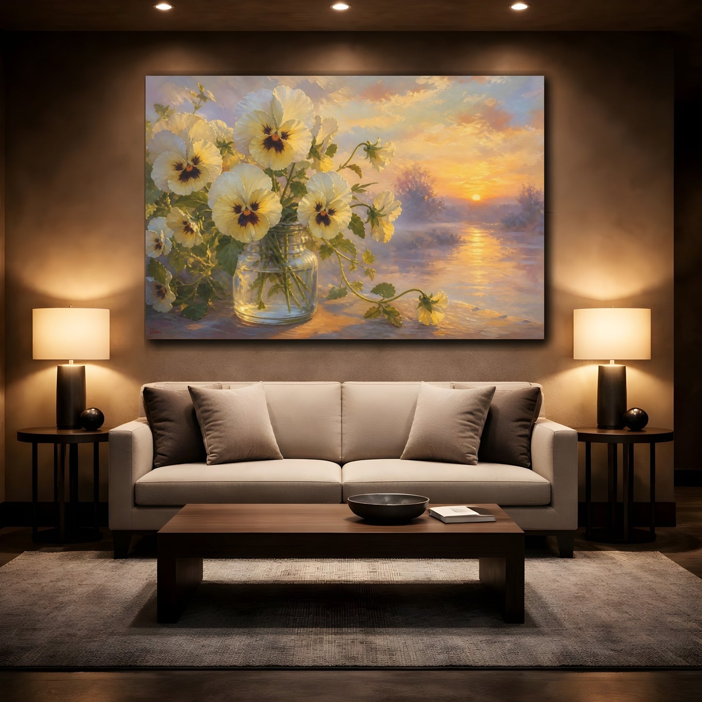 Mockup 2. Floral Pansy Flowers Yellow And Purple shown as stretched canvas wall art
