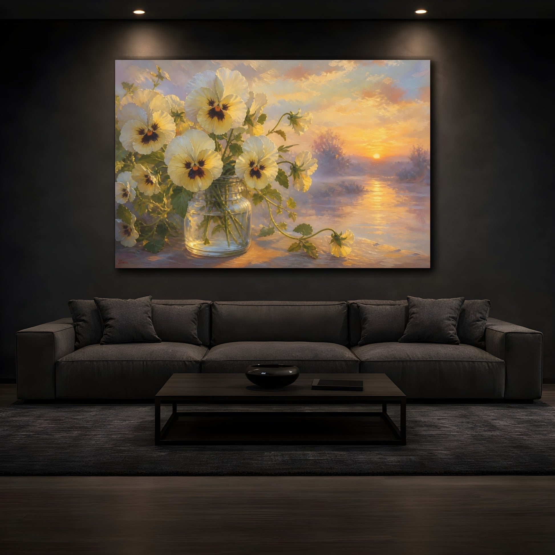 Mockup 3. Floral Pansy Flowers Yellow And Purple shown as stretched canvas wall art