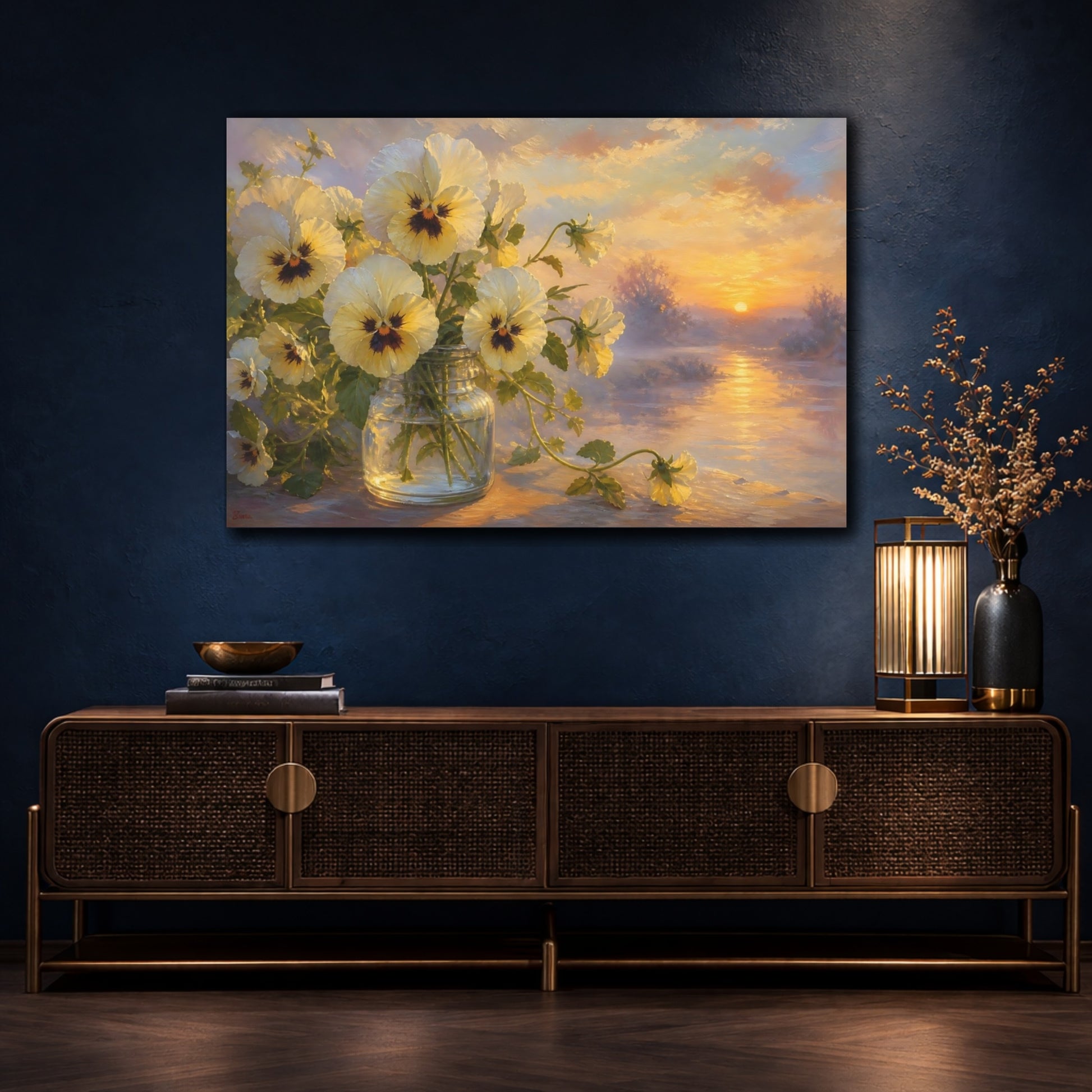 Mockup 4. Floral Pansy Flowers Yellow And Purple shown as stretched canvas wall art