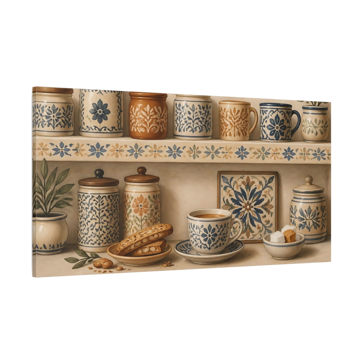 Side Mockup 2. Floral Patterned Pottery Blue And Beige Pottery shown as canvas print