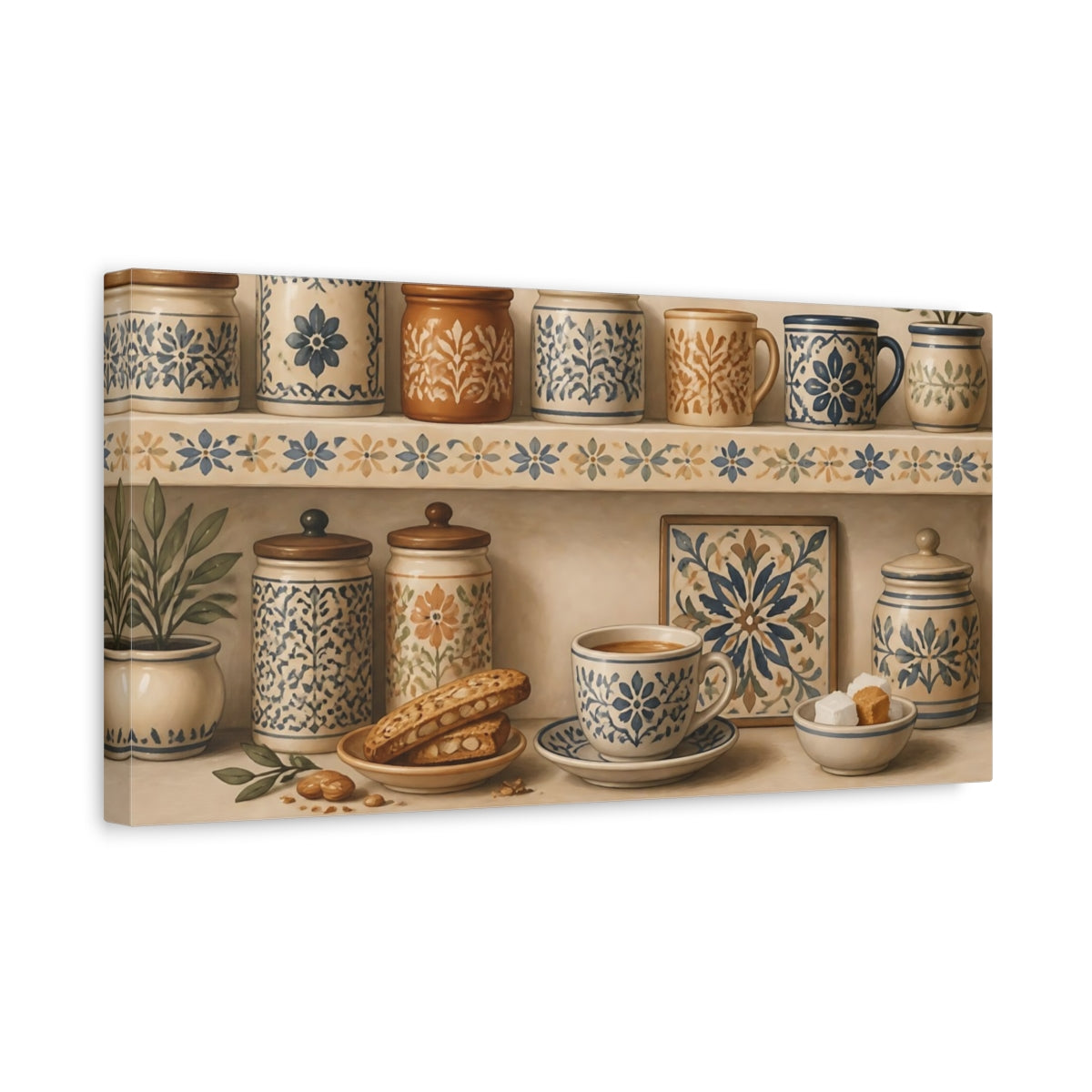Side Mockup 3. Floral Patterned Pottery Blue And Beige Pottery shown as canvas print