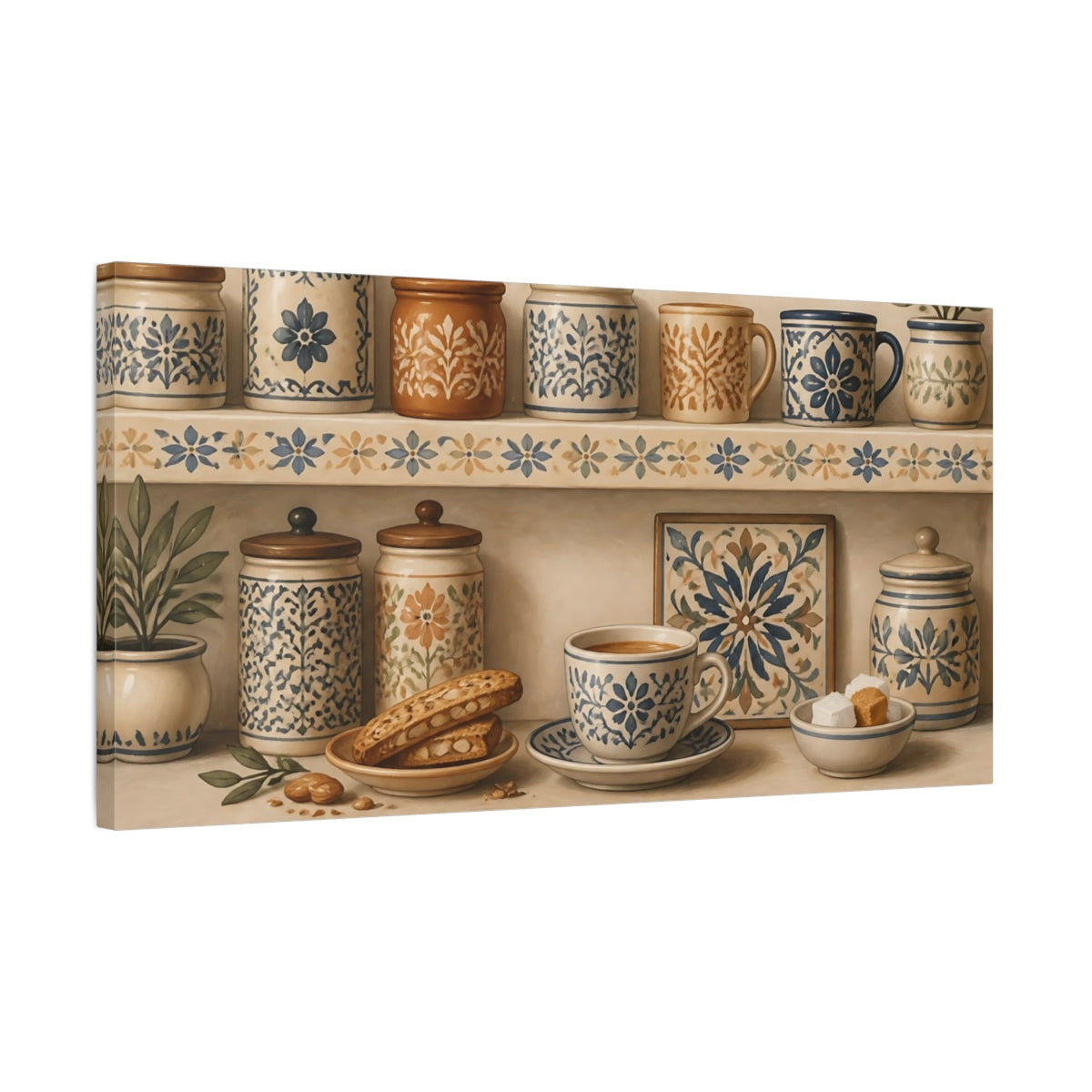 Side Mockup 1. Floral Patterned Pottery Blue And Beige Pottery shown as canvas print