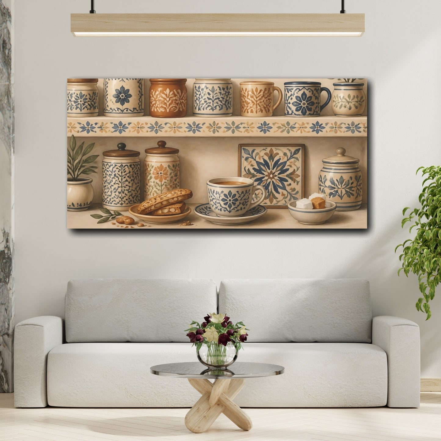 Mockup 2. Floral Patterned Pottery Blue And Beige Pottery shown as canvas print