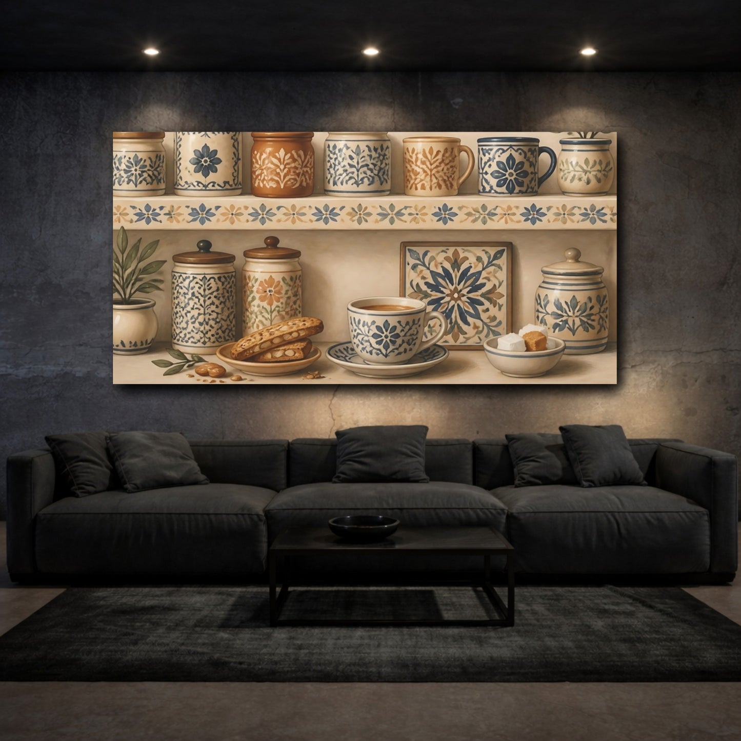 Mockup 3. Floral Patterned Pottery Blue And Beige Pottery shown as canvas print
