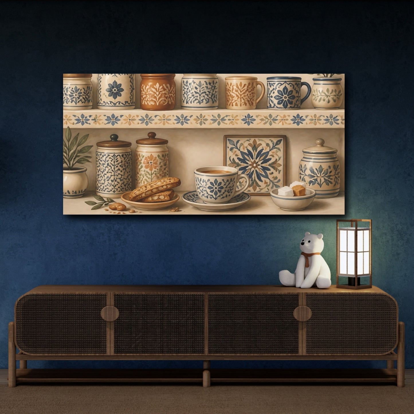 Mockup 4. Floral Patterned Pottery Blue And Beige Pottery shown as canvas print