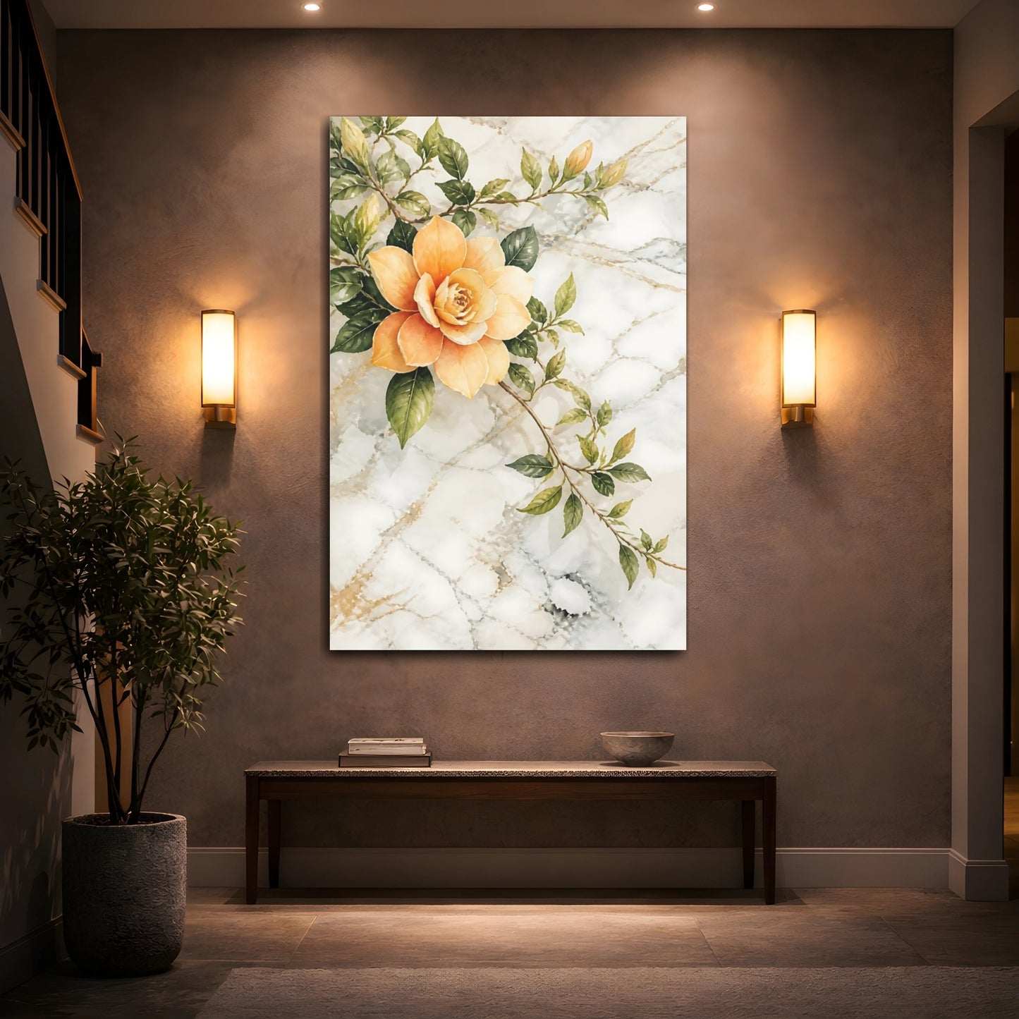 Mockup 2. Floral Peach Flower Peach Floral shown as stretched canvas wall art