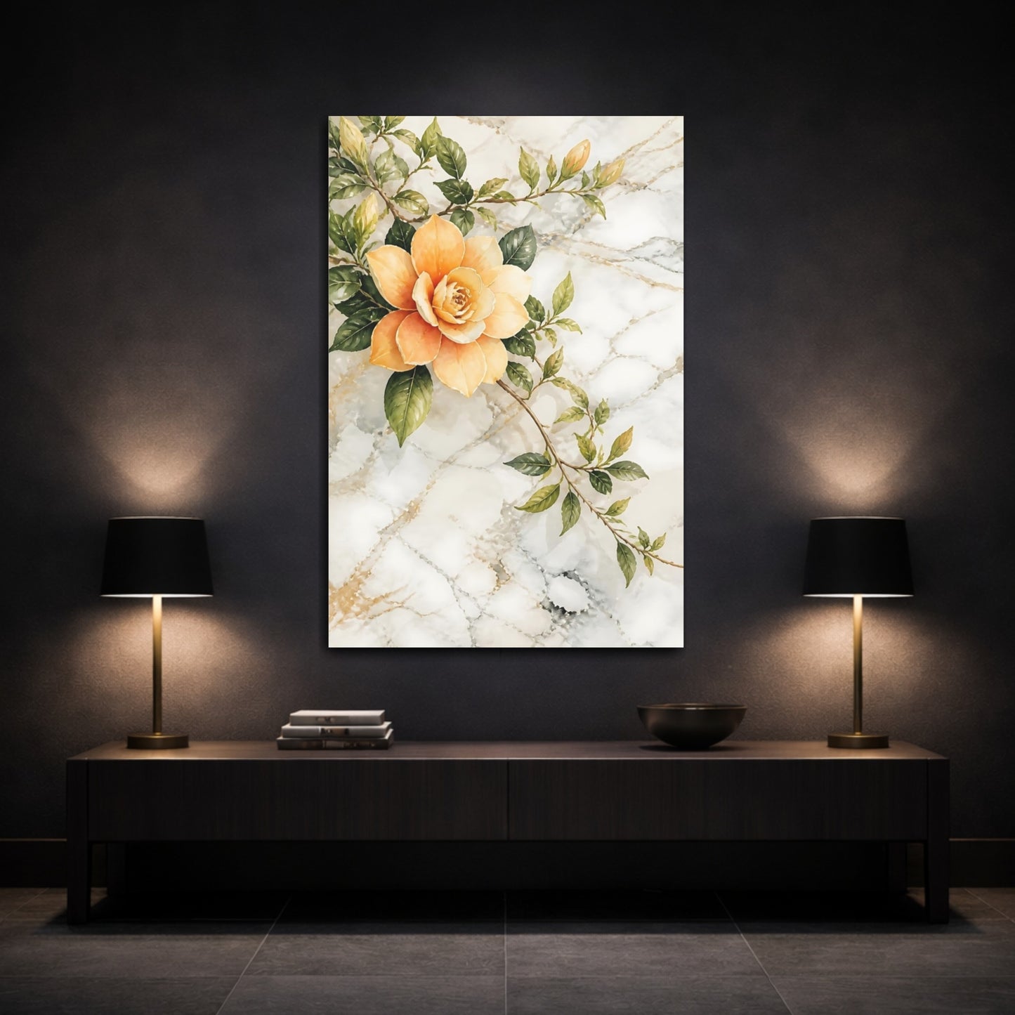Mockup 3. Floral Peach Flower Peach Floral shown as stretched canvas wall art