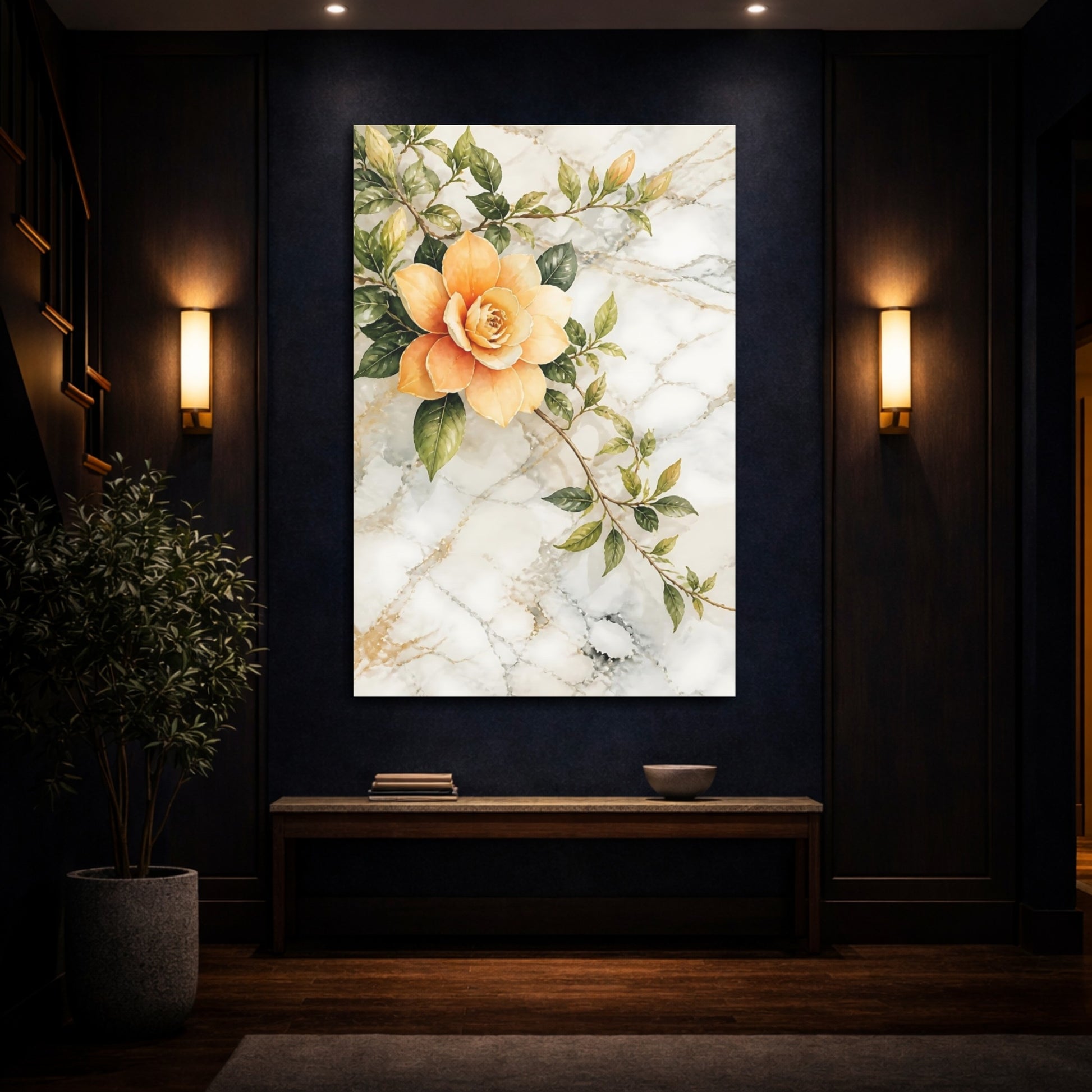 Mockup 4. Floral Peach Flower Peach Floral shown as stretched canvas wall art