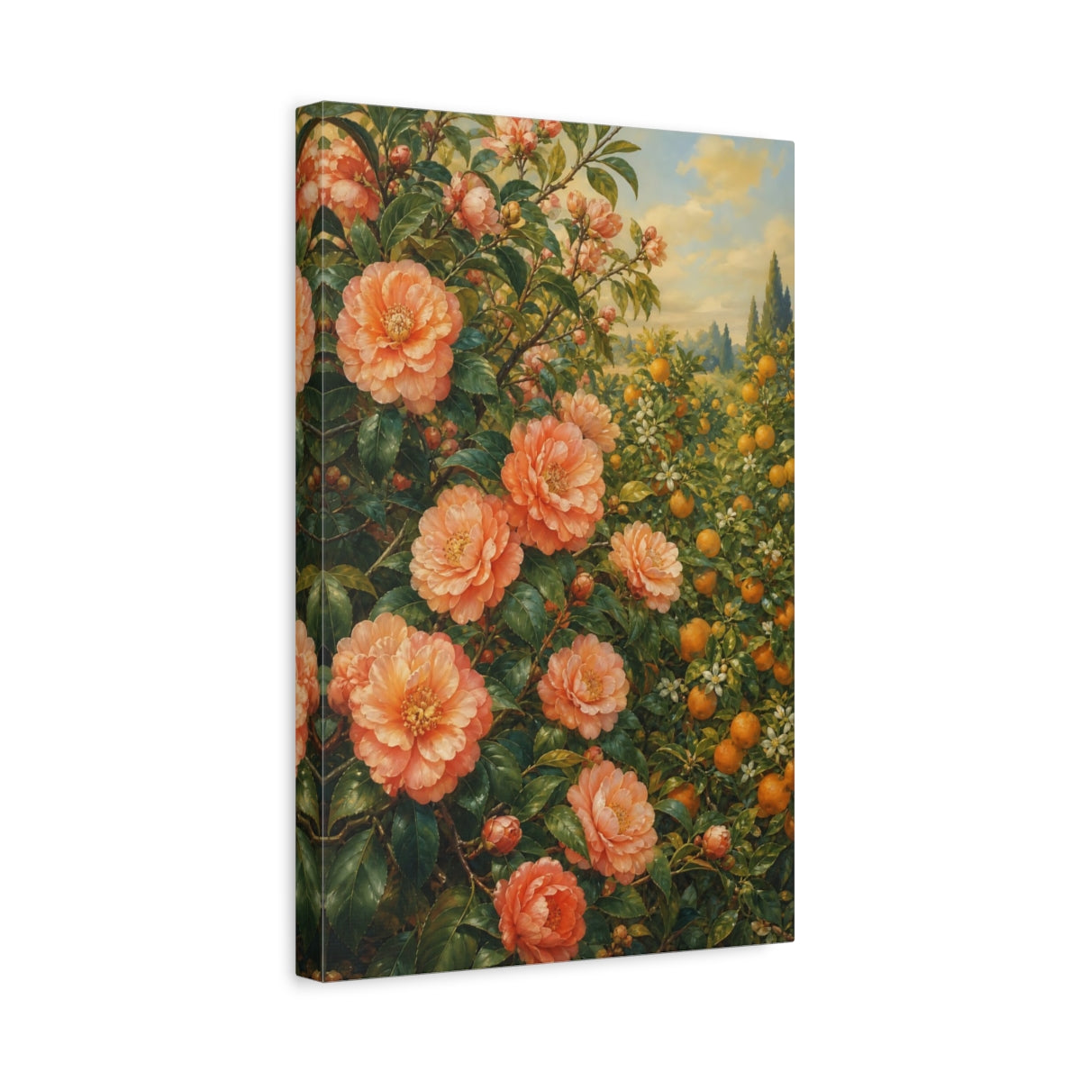 Side Mockup 4. Floral Peach Flowers Peach And Green shown as stretched canvas wall art