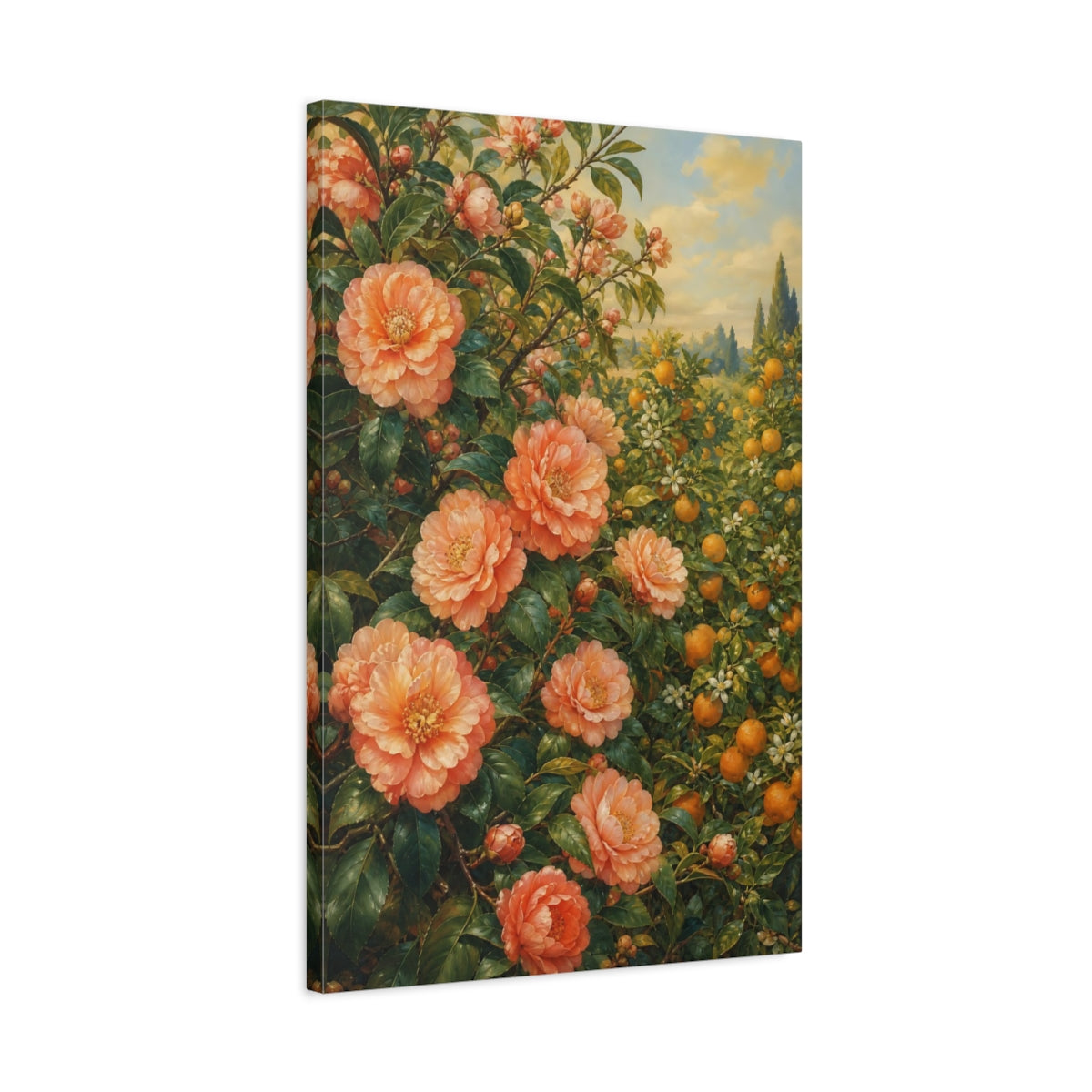 Side Mockup 2. Floral Peach Flowers Peach And Green shown as stretched canvas wall art
