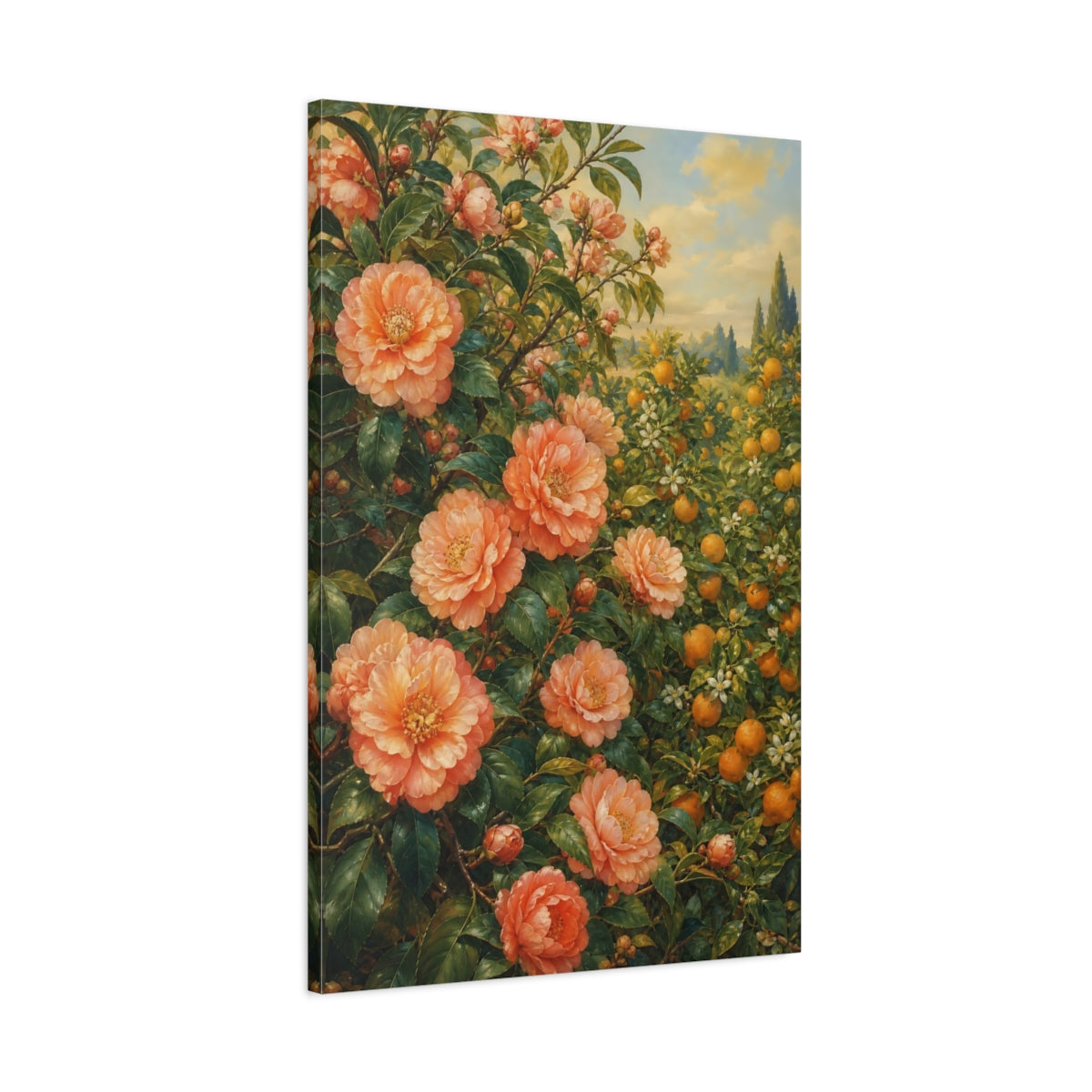 Main Mockup. Floral Peach Flowers Peach And Green shown as stretched canvas wall art