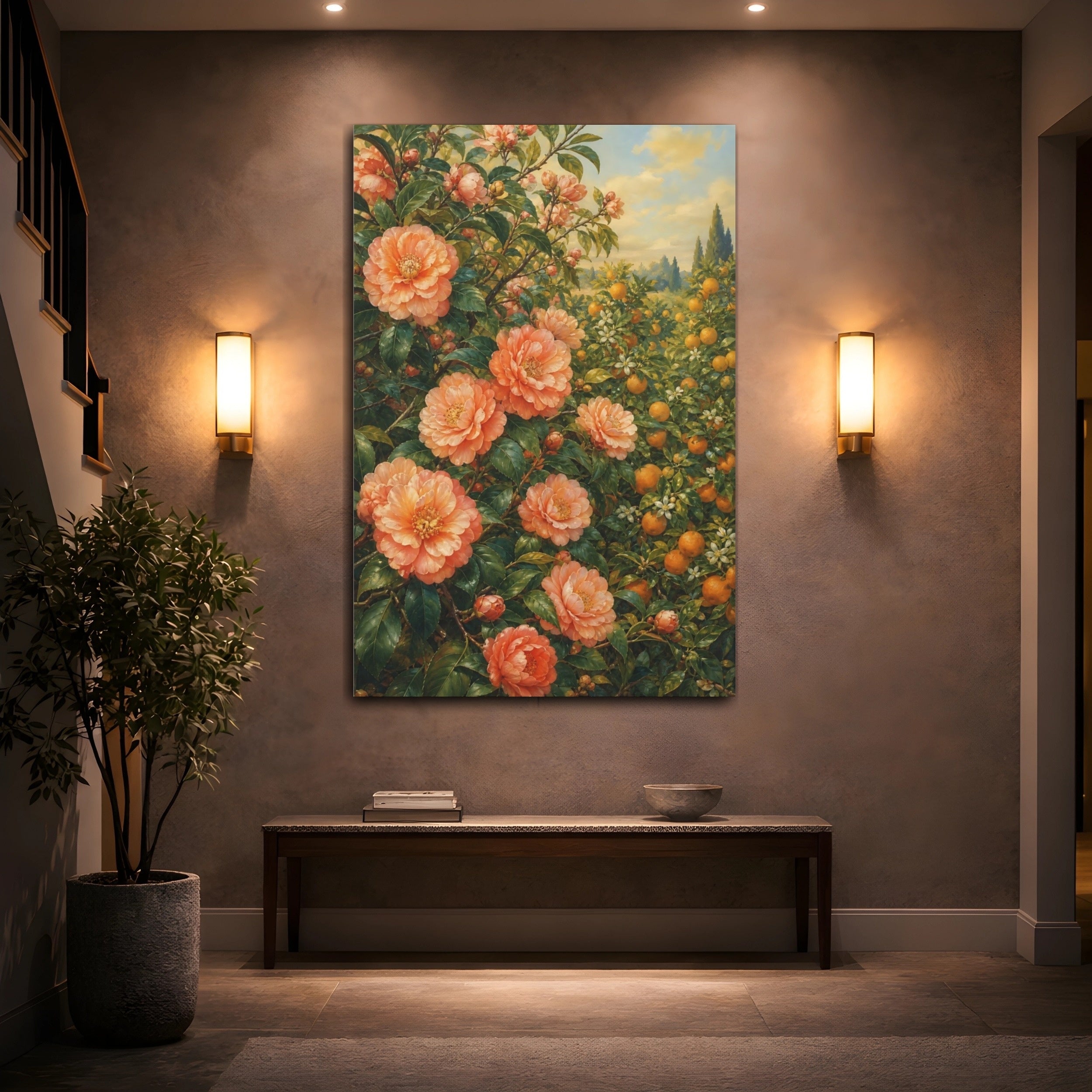 Mockup 2. Floral Peach Flowers Peach And Green shown as stretched canvas wall art