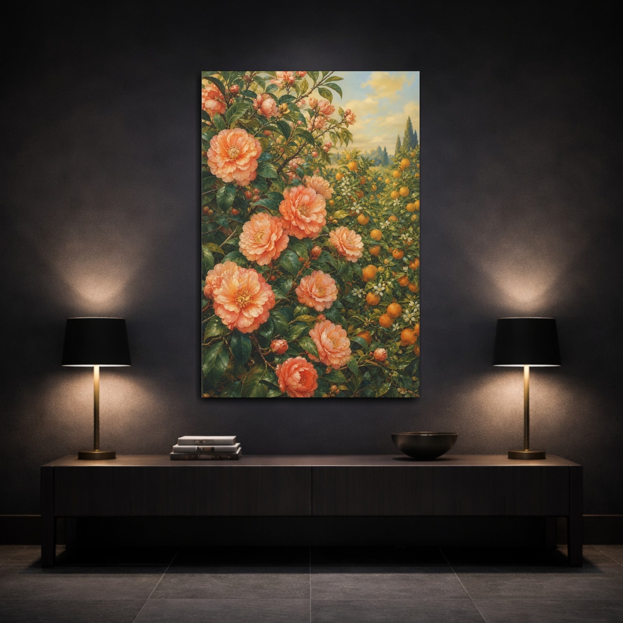 Mockup 3. Floral Peach Flowers Peach And Green shown as stretched canvas wall art
