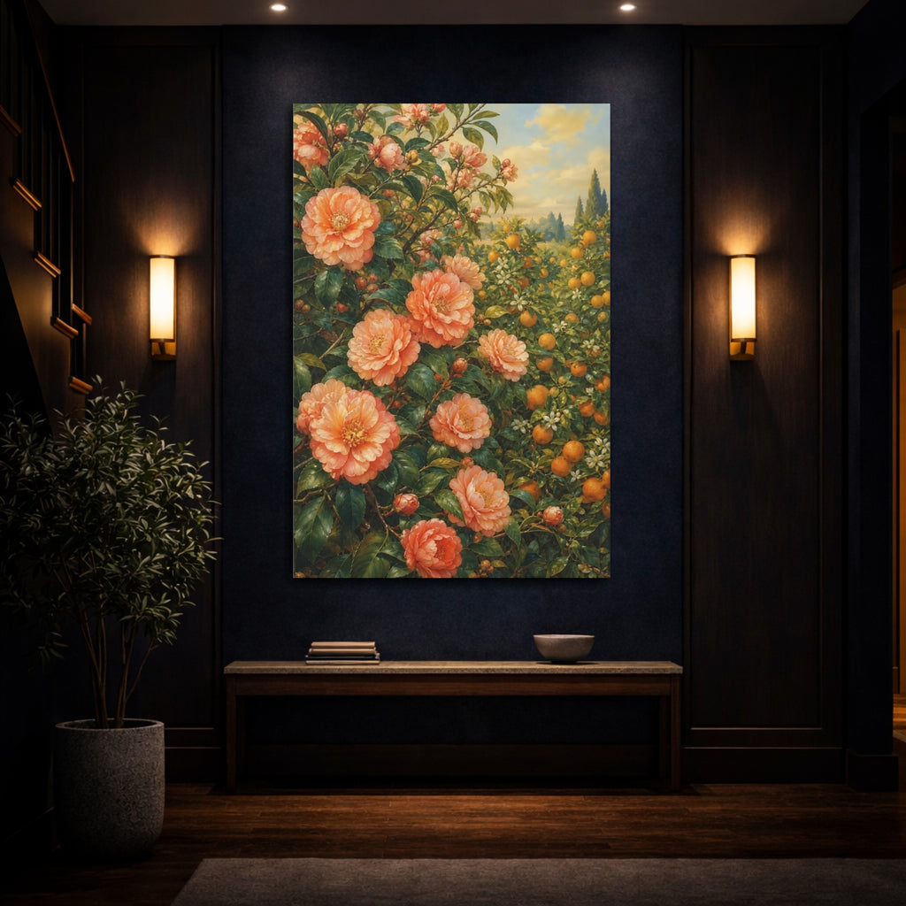Mockup 4. Floral Peach Flowers Peach And Green shown as stretched canvas wall art