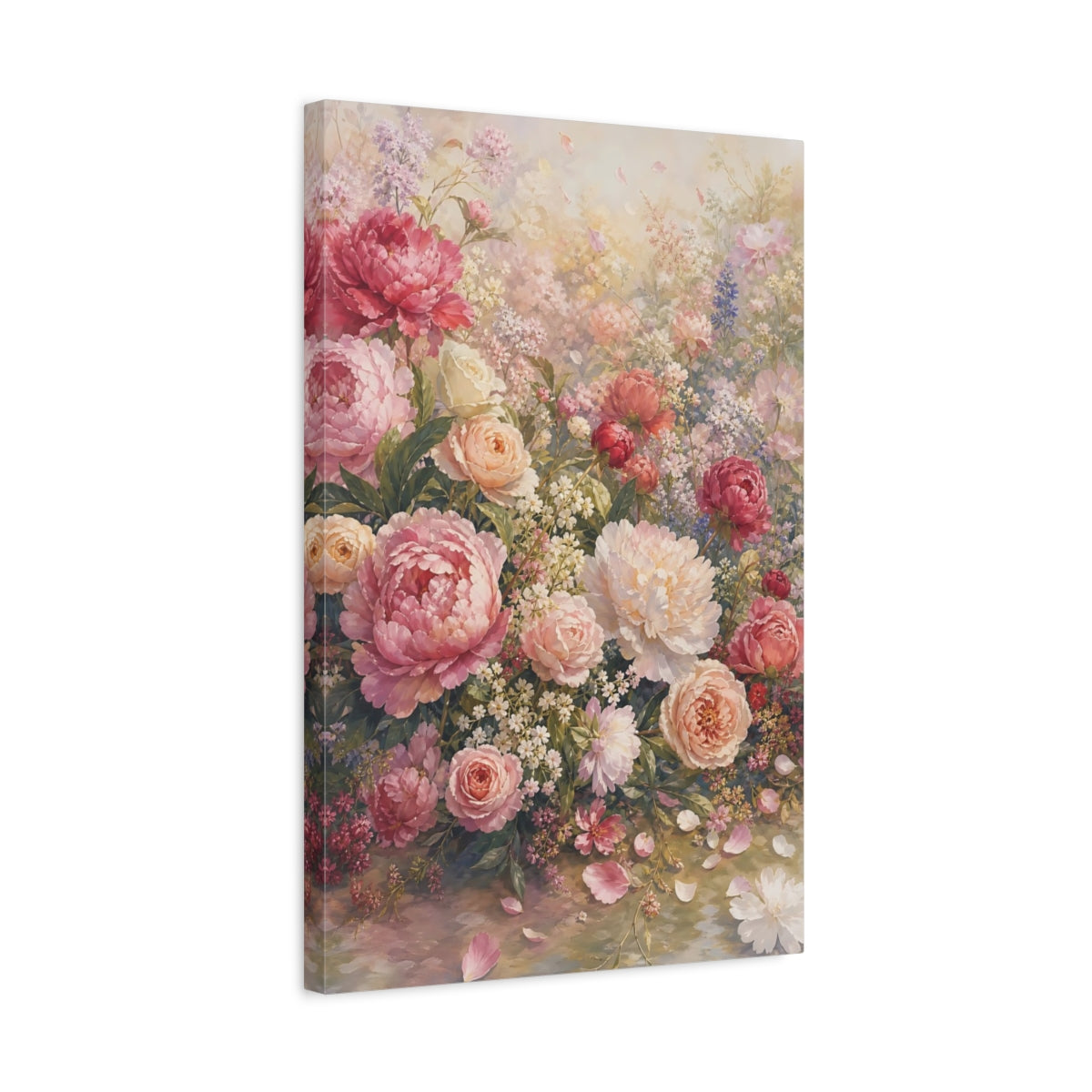 Side Mockup 3. Floral Peonies And Roses Pink Peonies shown as stretched canvas wall art