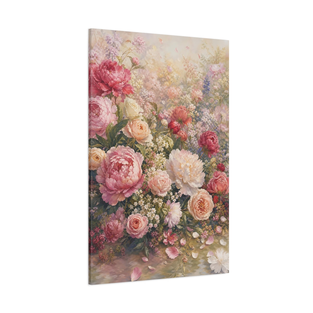 Side Mockup 1. Floral Peonies And Roses Pink Peonies shown as stretched canvas wall art