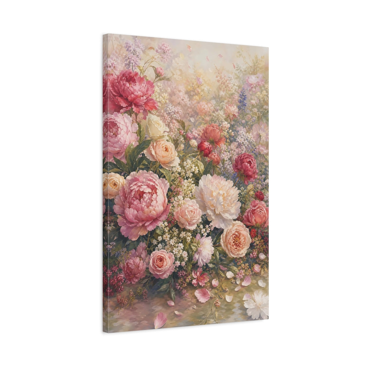 Side Mockup 2. Floral Peonies And Roses Pink Peonies shown as stretched canvas wall art