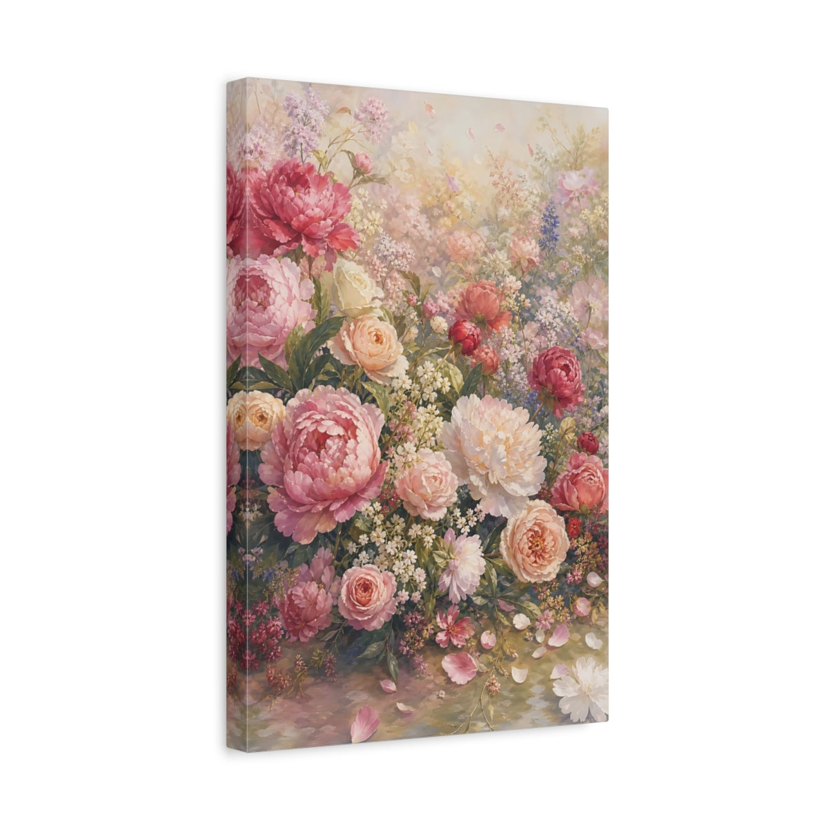 Side Mockup 4. Floral Peonies And Roses Pink Peonies shown as stretched canvas wall art