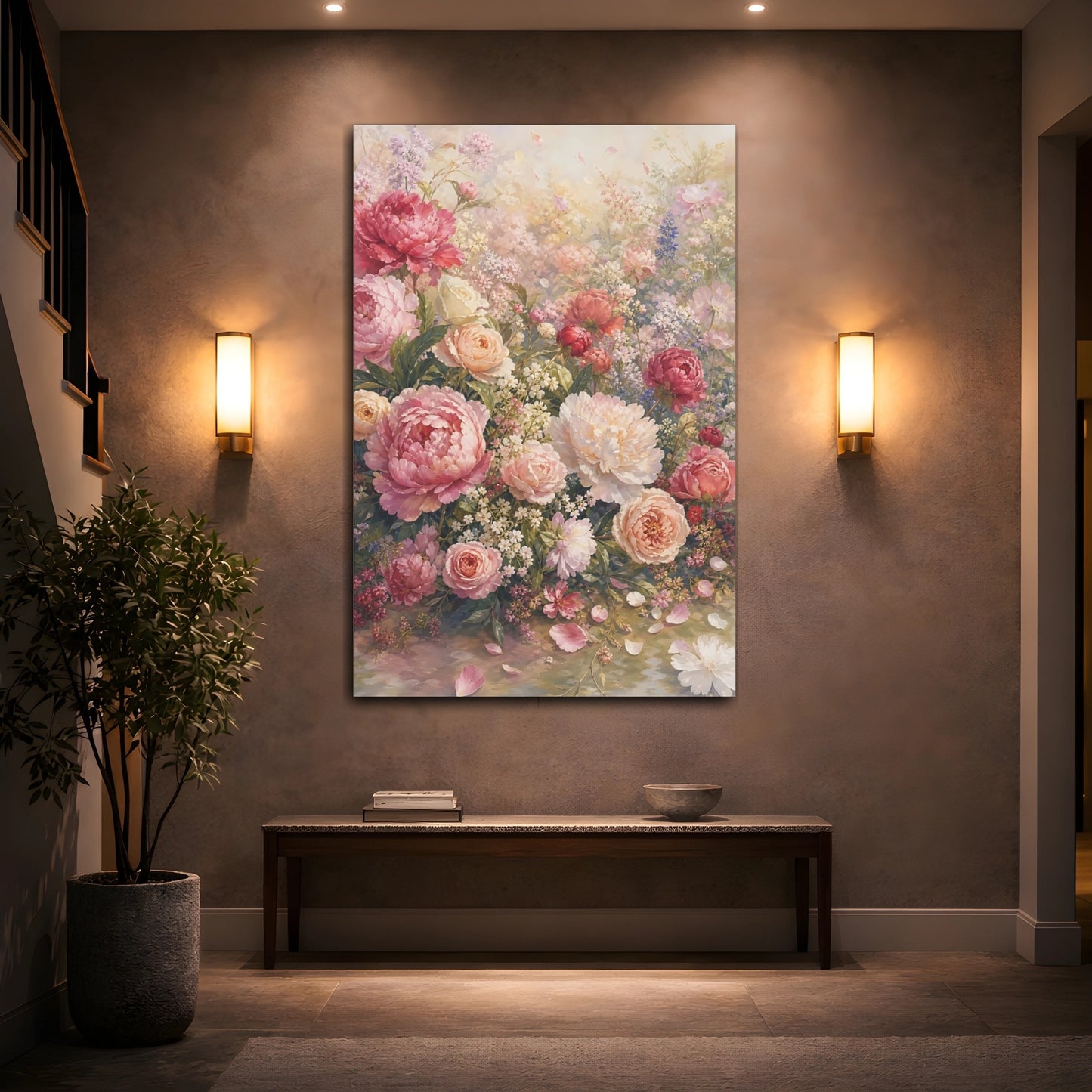 Mockup 2. Floral Peonies And Roses Pink Peonies shown as stretched canvas wall art