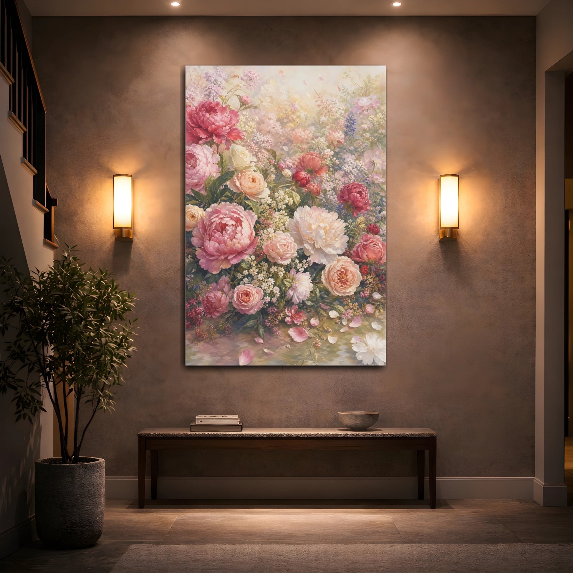 Mockup 2. Floral Peonies And Roses Pink Peonies shown as stretched canvas wall art