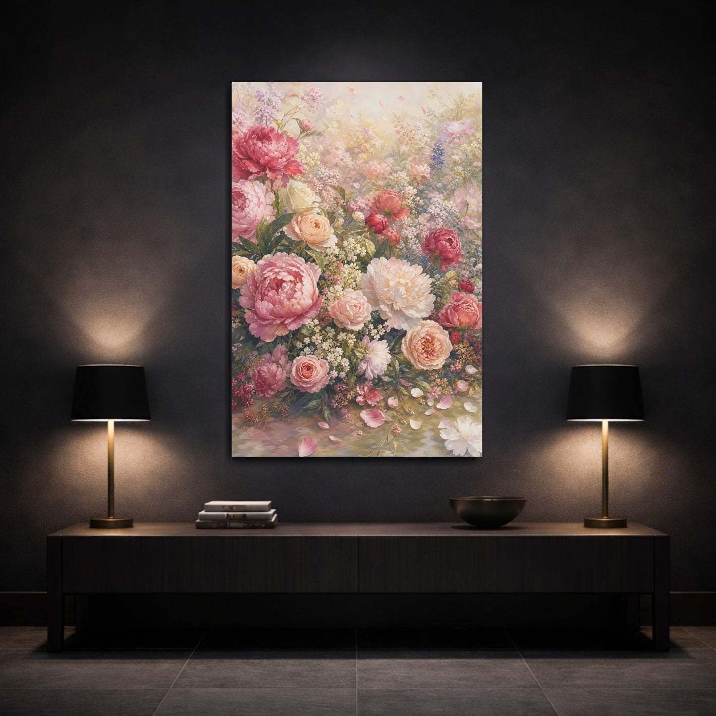 Mockup 3. Floral Peonies And Roses Pink Peonies shown as stretched canvas wall art
