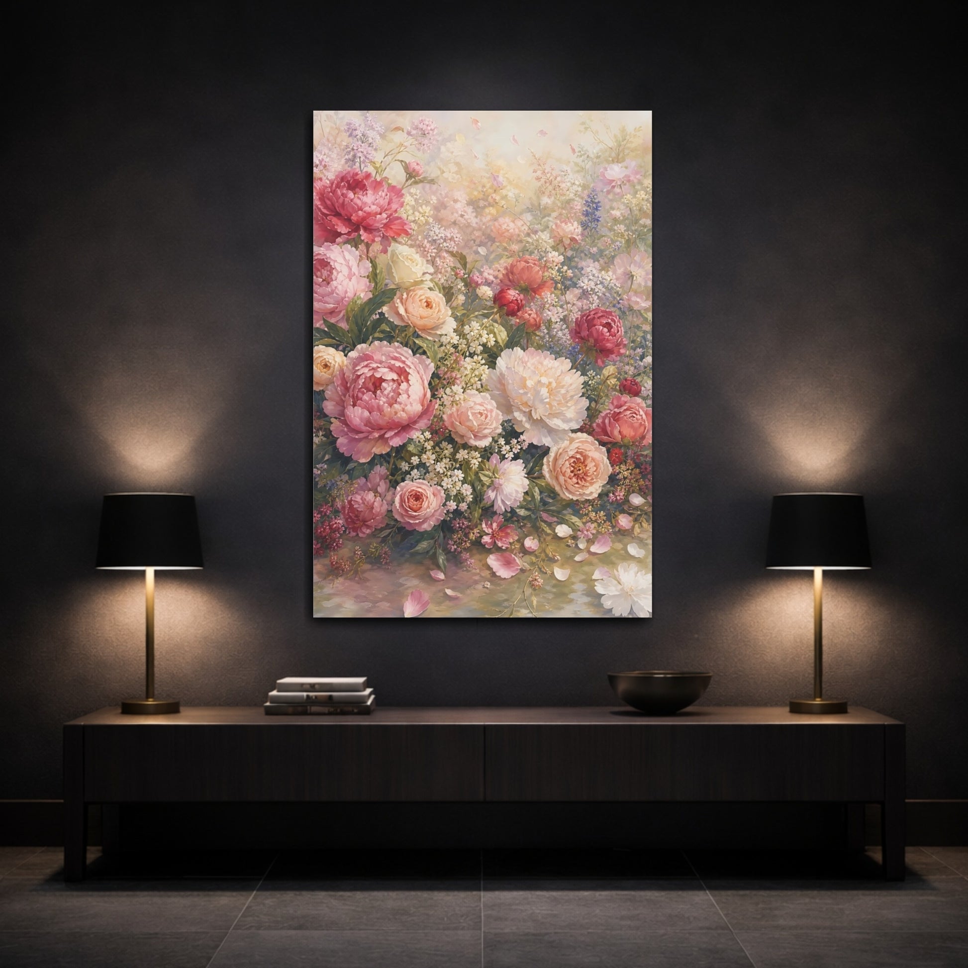Mockup 3. Floral Peonies And Roses Pink Peonies shown as stretched canvas wall art